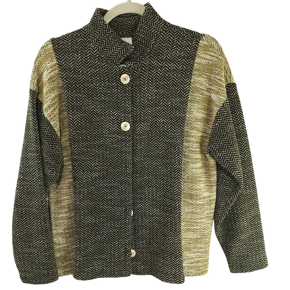 Odile Button-Up Cardigan Women's Sweater Small Green Mixed-Pattern Collared